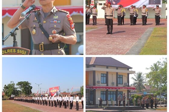 Kapolres Sigi AKBP Kari Amsah Ritonga, S.H., S.I.K., M.H., saat memimpin Upacara Peringatan Hari Juang Polri Tahun 2026 di Lapangan Upacara Polres Sigi, Jumat (21/8/2026).